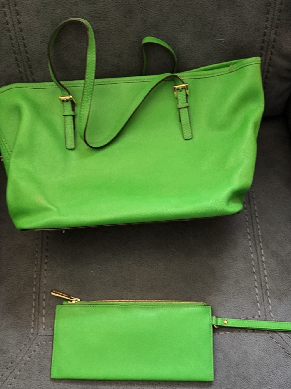Green Leather Tote Bag with Wristlet